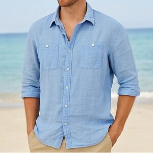 MARTIN GORDON Linen Shirt Long Sleeve Button‎ Up Light Blue Mens XL Coastal